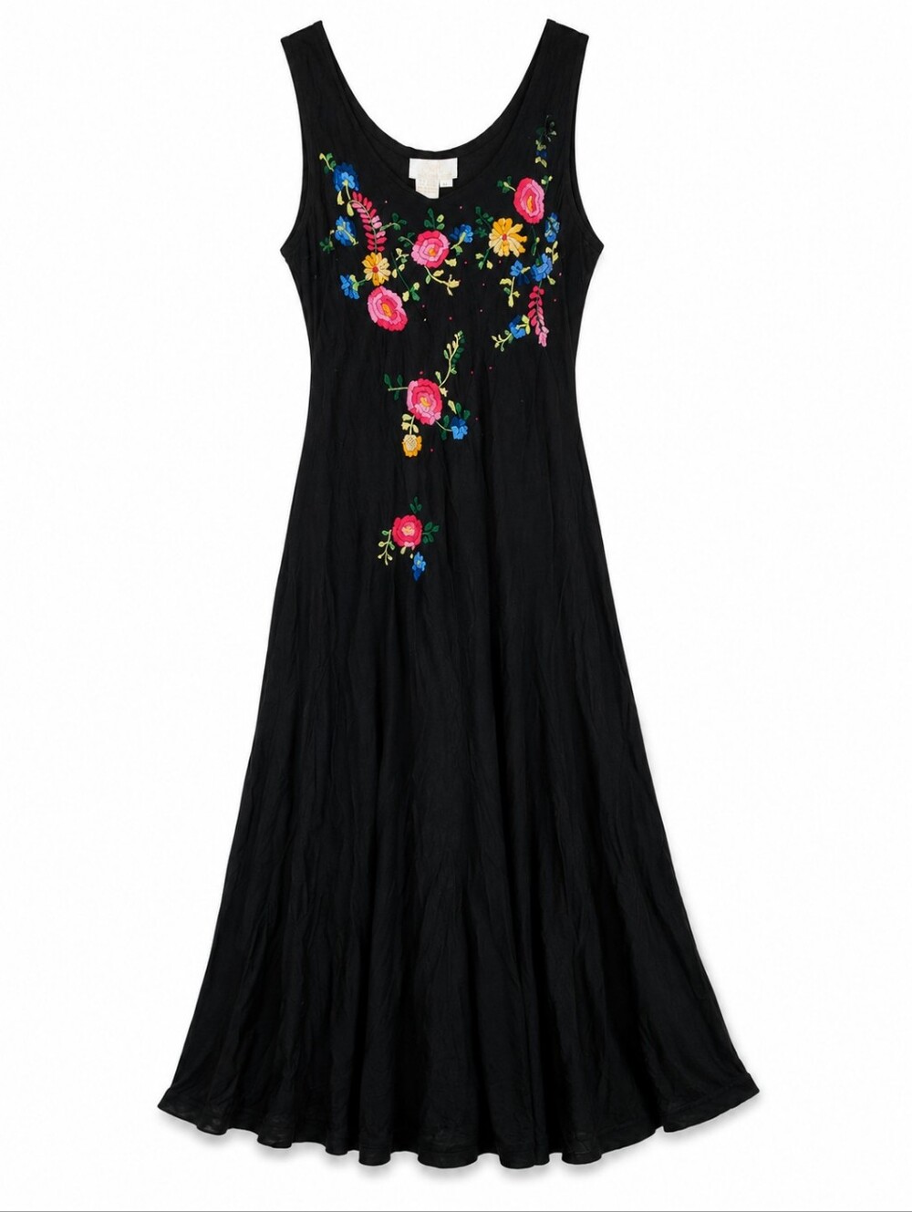 Soft Surroundings Black Embroidered Rayon Midi Dress Size Medium Boho Tie Back - Picture 3 of 5